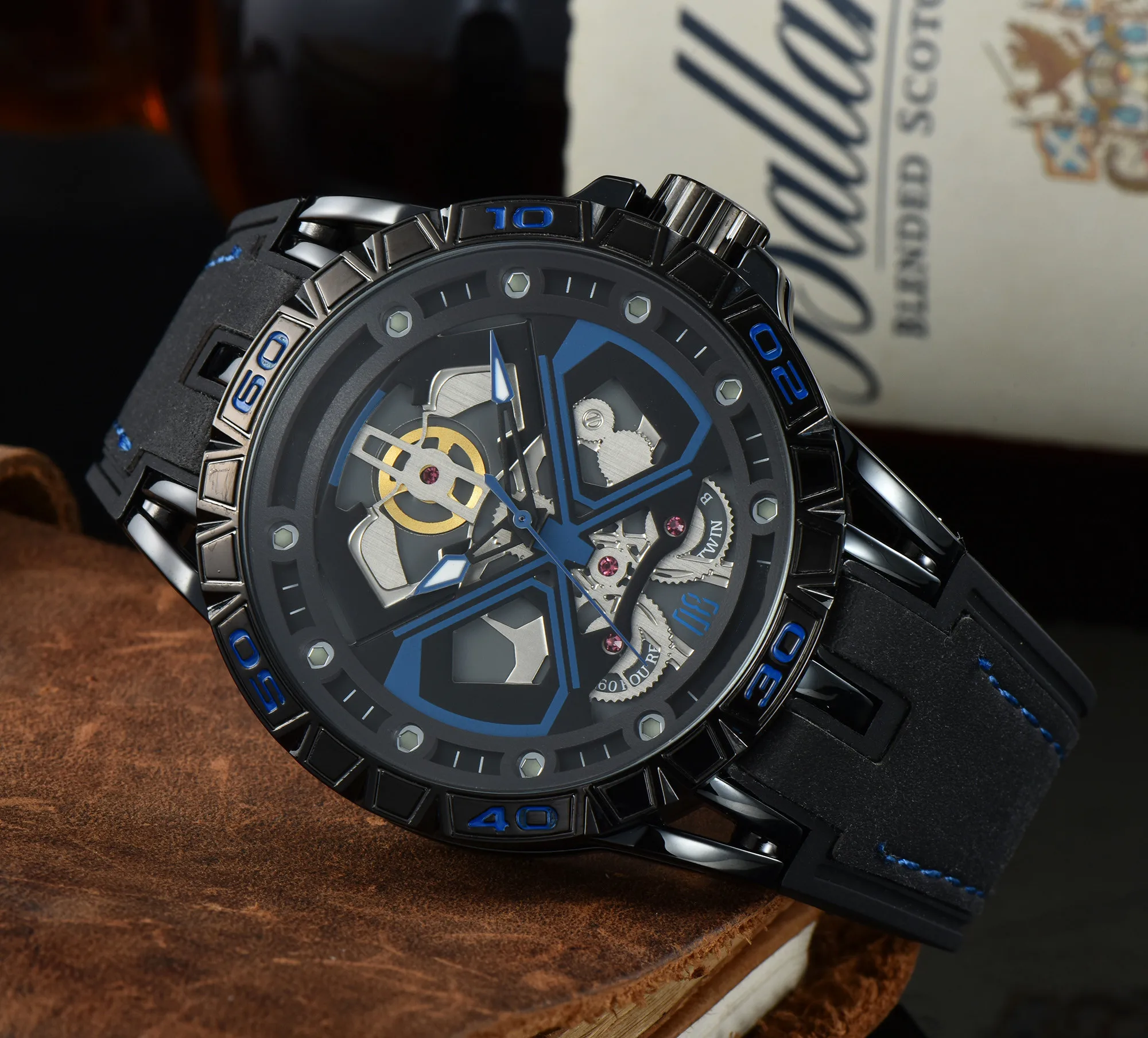 Mix 8 Colors Brand New RJ Luxury Sport Quartz Bell Multifunction Watch Business Leather Man Calendar Round Wristwatch