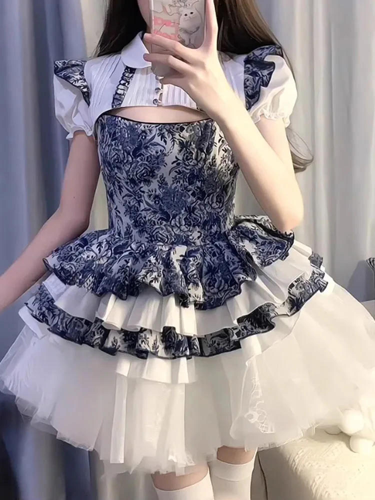 

Lolita Skirt Retro Blooming Printing Heavy Industry Design Sense Waistcoat Straps Tulle Pettiskirt Season Dress