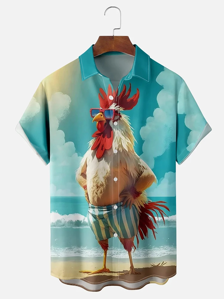 Summer Men's Short Sleeve Shirt Cartoon Chicken Print Men's Hawaiian Short Sleeve Shirt Seaside Fashion Men's Casual Shirt 3