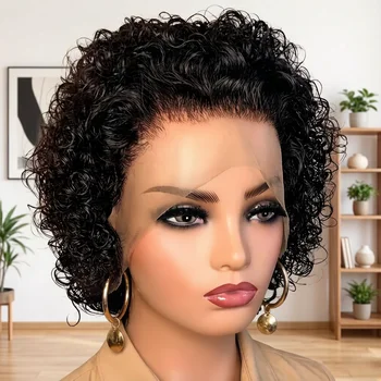 Parrucca Corta Ricci in Capelli Veri, Parrucca Frontale in Pizzo 13x1 Densità 180%, Parrucca Ricci Nera Naturale in Capelli Veri, Parrucca con Attaccatura Pre-Pizzicata