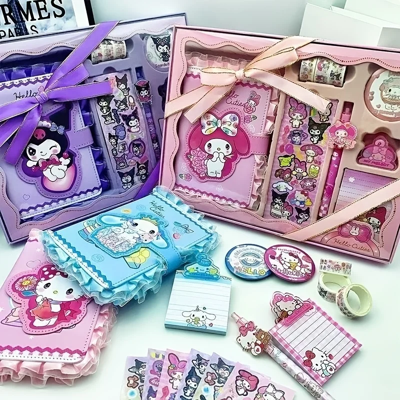 헬로 키티와 친구들 문구류 컬렉션 - 이 세트에는 노트, 볼펜, 스티커 메모, 스티커가 포함되어 있습니다.