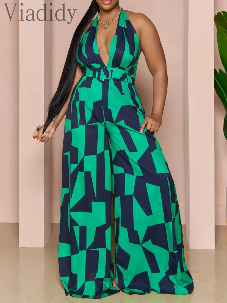 

Women Print Low Cut Slim Waist Casual Wide Leg Jumpsuit