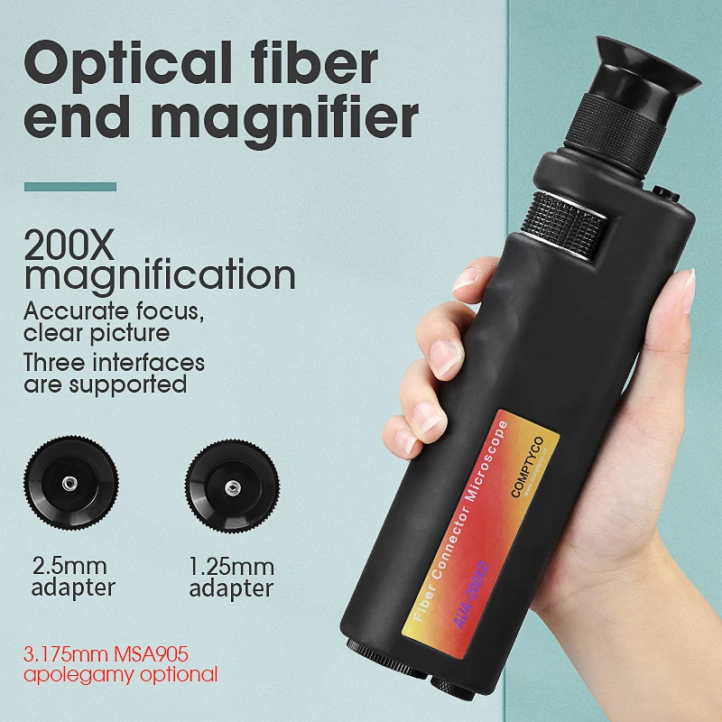 400x handheld fiber optical microscope inspection for coaxial illumination including 2 5mm and 1 25mm adapters Fiber Optical Inspection Microscope LED Illumination Anti Slip Rubber AUA-200X