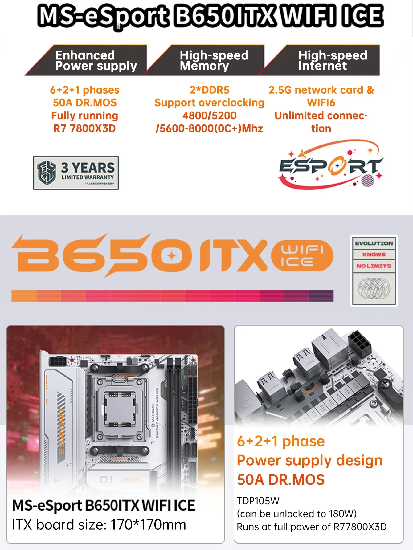 MAXSUN Motherboard eSport B650ITX WIFI ICE Mainboard AMD