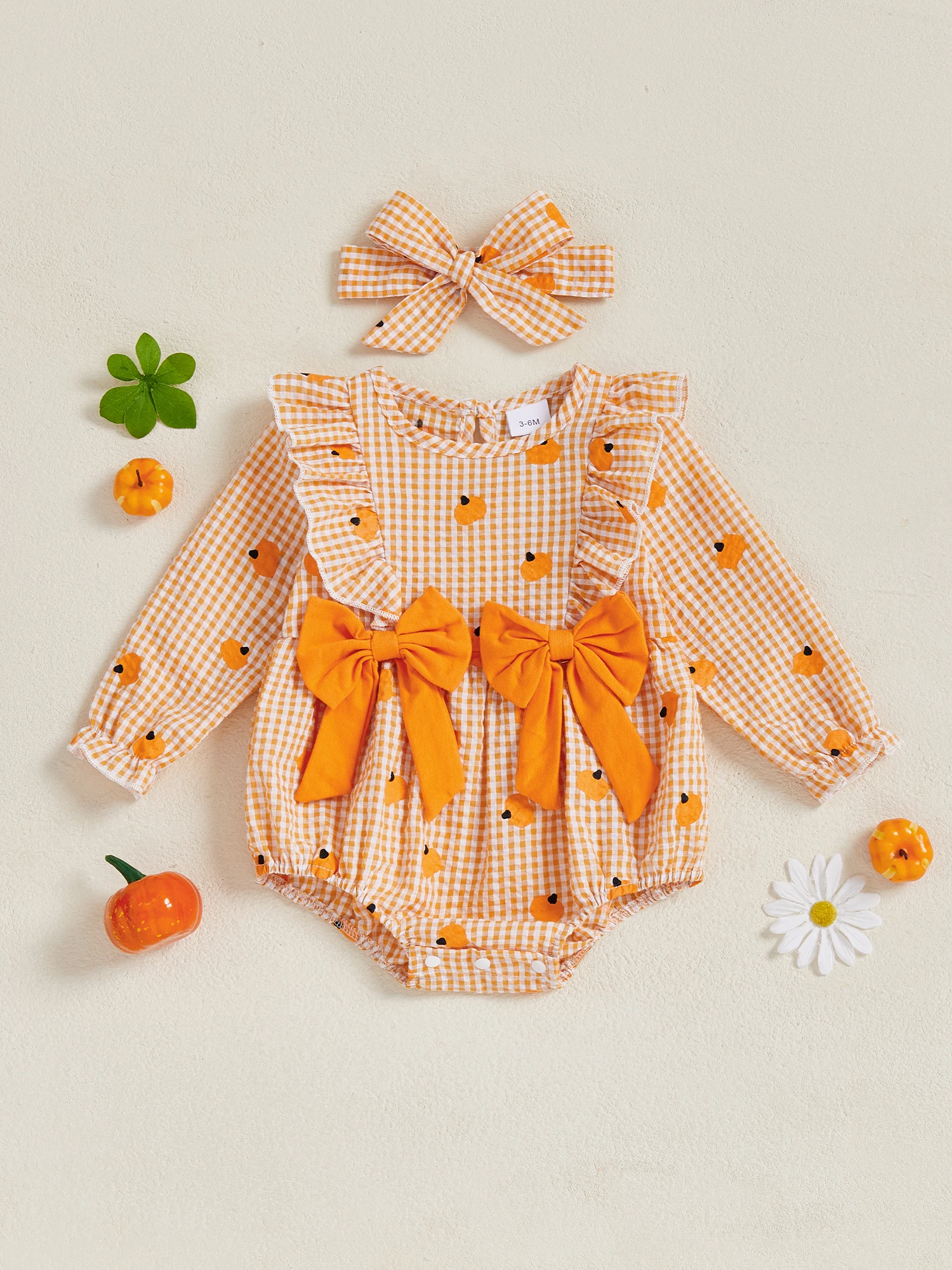 Adorable Baby Girl Halloween Plaid Pumpkin Romper Outfit