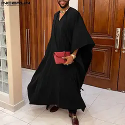Fashion Muslim Style Jubba Thobe INCERUN Men's Casual V-neck Lace Design Robe Streetwear Solid All-match Short Sleeve Robe S-5XL
