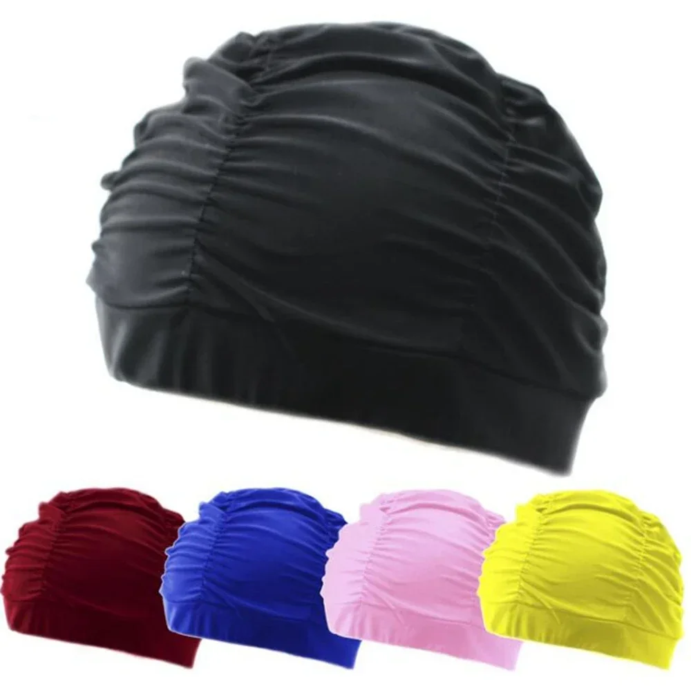 1PC High Elastic Swimming Cap Men Women Free Size Solid Flowers Printed Long Hair Sports Swim Pool Hat Nylon Turban 2