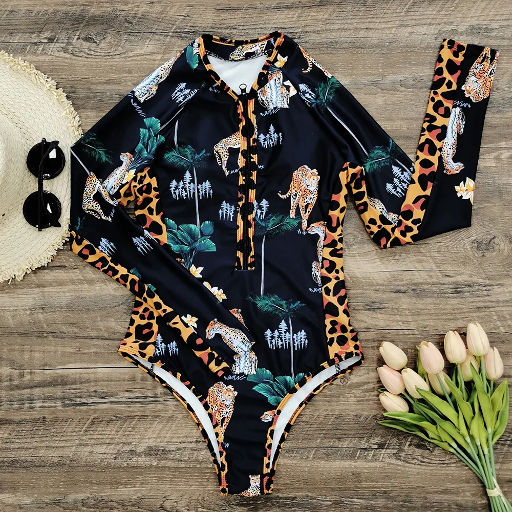 Long-sleeved Zipper Leopard Stitching One-piece Swimsuit Printed Surfing Suit 2023 New Wind Swimwear and Trousers Set Beachwear