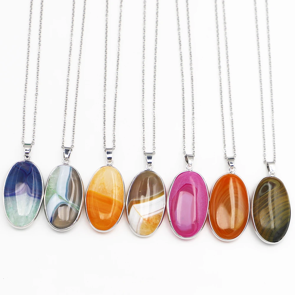 New Natural Mixed Color Agates Necklace Onyx Oval Pendants Stone Reiki Charms Jewelry Making Earrings Accessories Wholesale 6Pcs