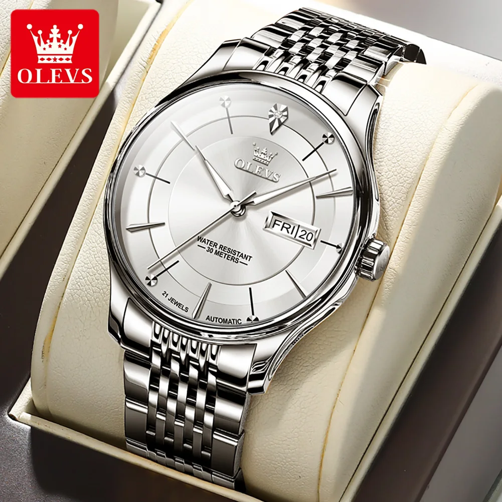 

OLEVS Automatic Mechanical Watch for Men Luxury Stainless Steel Skeleton Men's Watches Week Date Waterproof Luminous Wristwatch