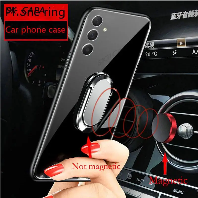 Enhanced Glossy Glass Shockproof Case with Magnetic Ring Holder and Soft Edges