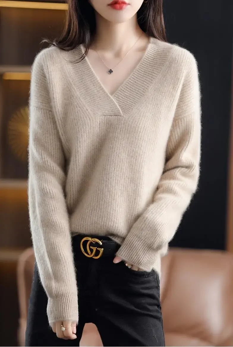 

Женские свитера с V-образным вырезом, Повседневные вязаные толстые пуловеры с длинным рукавом, однотонные облегающие топы на осень и зиму 2023