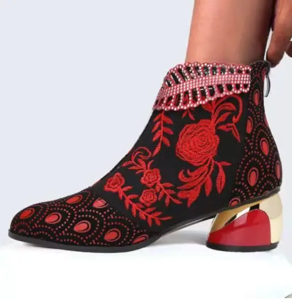 Women New Ethnic Style Embroidery Rhinestone Mid Calf Boots Autumn Winter Chunky Heels Booties Plus Size 36-43 Zapatos De Mujer
