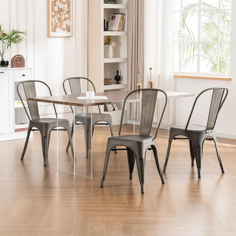 Metal Patio Dining Chair Set of 4 Dark Grey Farmhouse Tolix Style for Kitchen Dining Room Restaurant Bistro Stackable 2