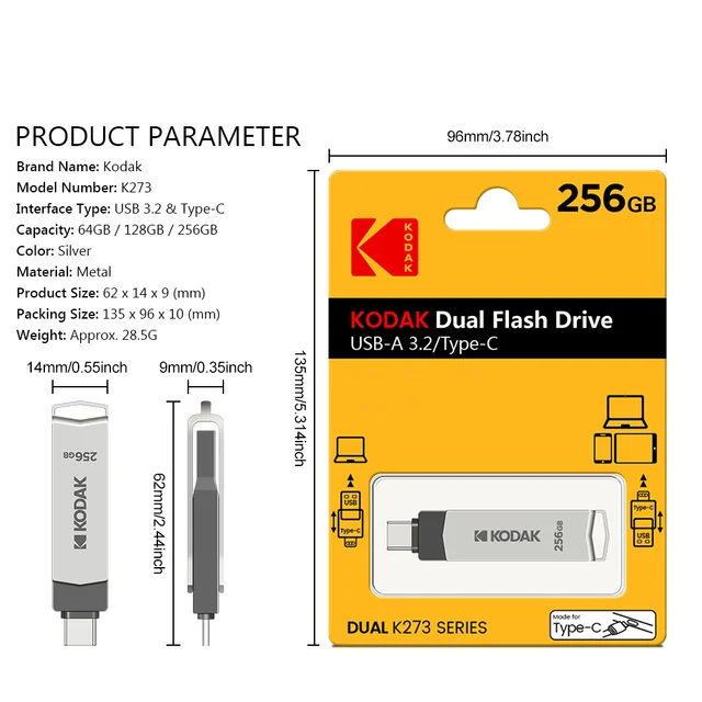 Kodak k273 high-speed USB flash drive 3.2 interface Type-C mobile phone computer dual-use 32G-256G storage USB flash drive 128G 6
