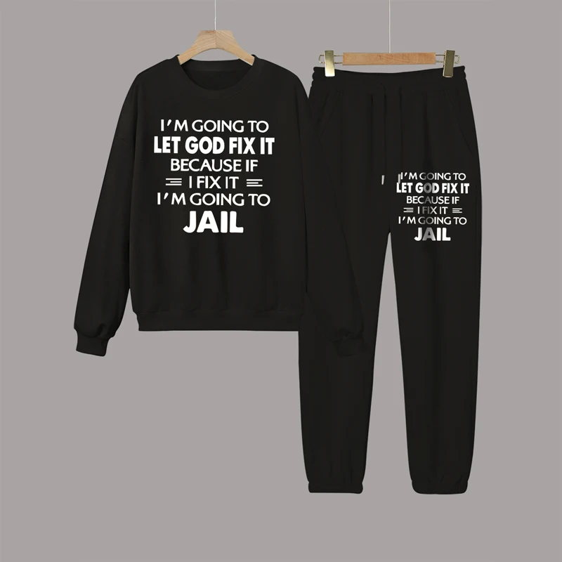 Trendy atmosphere English letters street hip hop print casual loose comfortable women's crewneck hoodie pants two-piece set