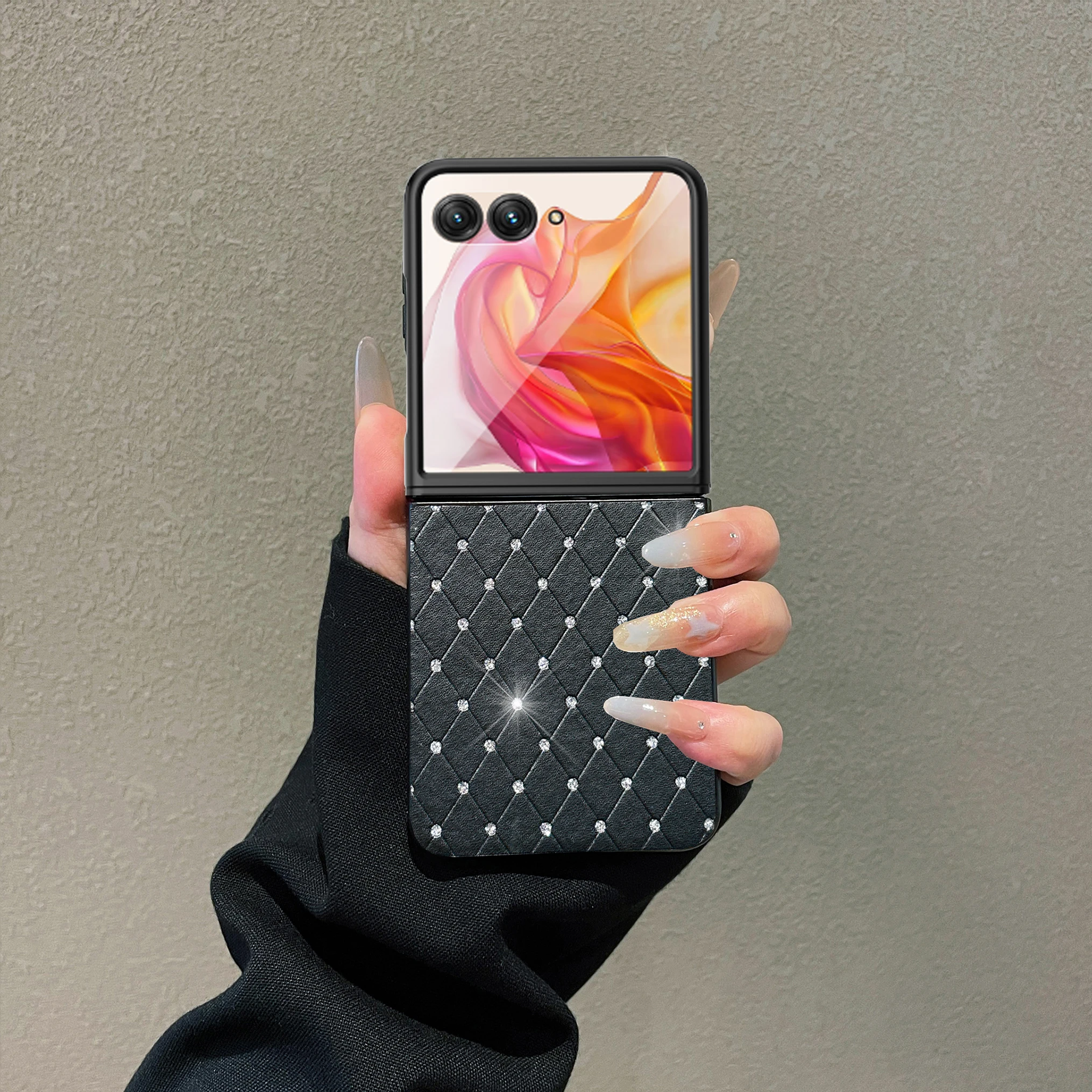 Rhombus Grid Pattern Leather Phone Case with Faux Diamond Ring Buckle