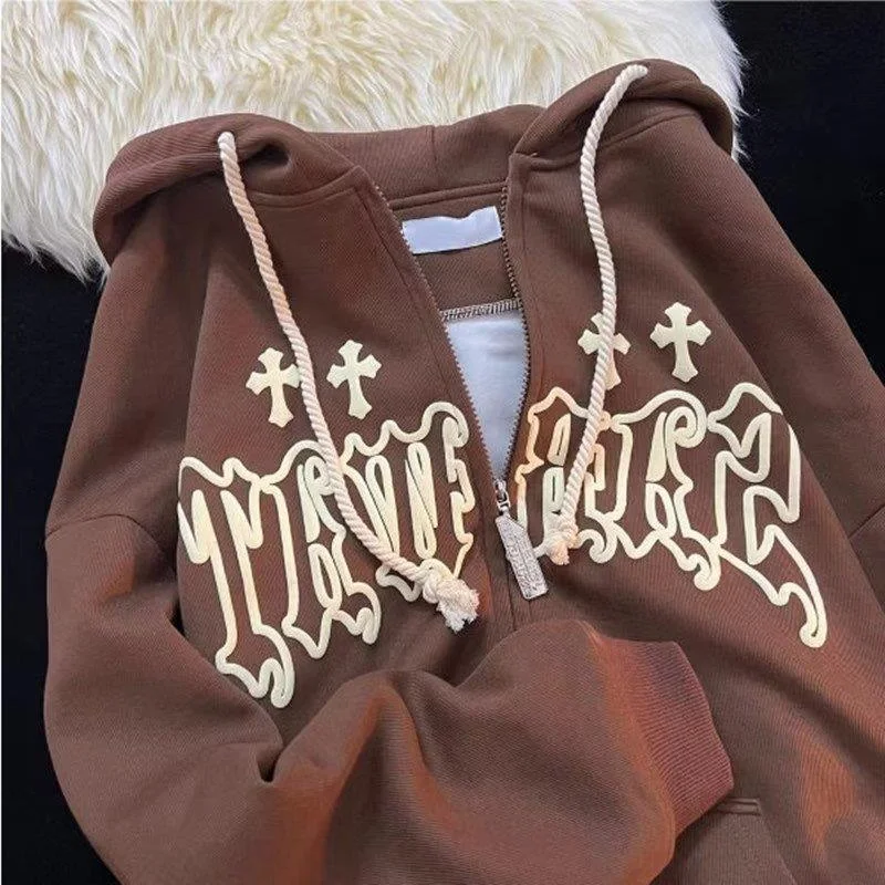 Goth Embroidery Hoodies Women High Street Harajuku Retro Hip Hop Zip Up ...