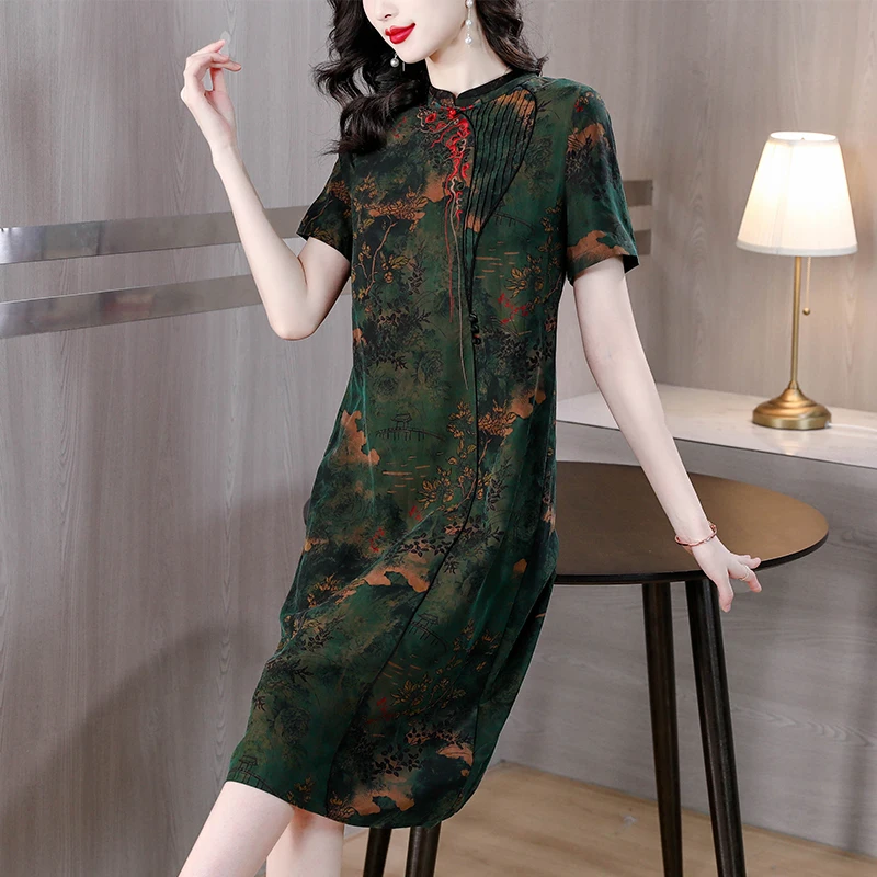 

2024 Spring/Summer New Chinese Style Retro Silk Short sleeved Dress Women's Embroidered Slim Knee Length A-line Skirt