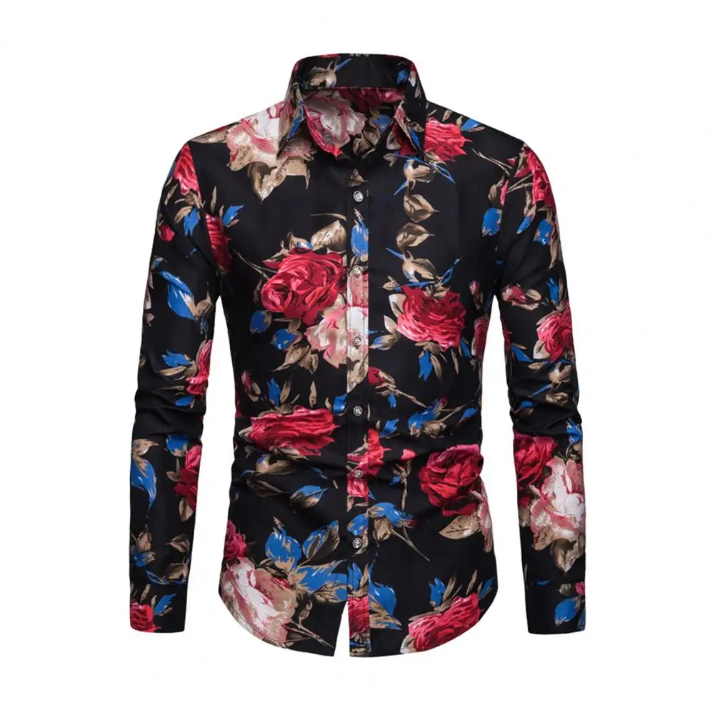 Легкая мужская рубашка с ярким цветочным принтом, мужская рубашка на весну и лето, облегающая Мужская рубашка с отложным воротником