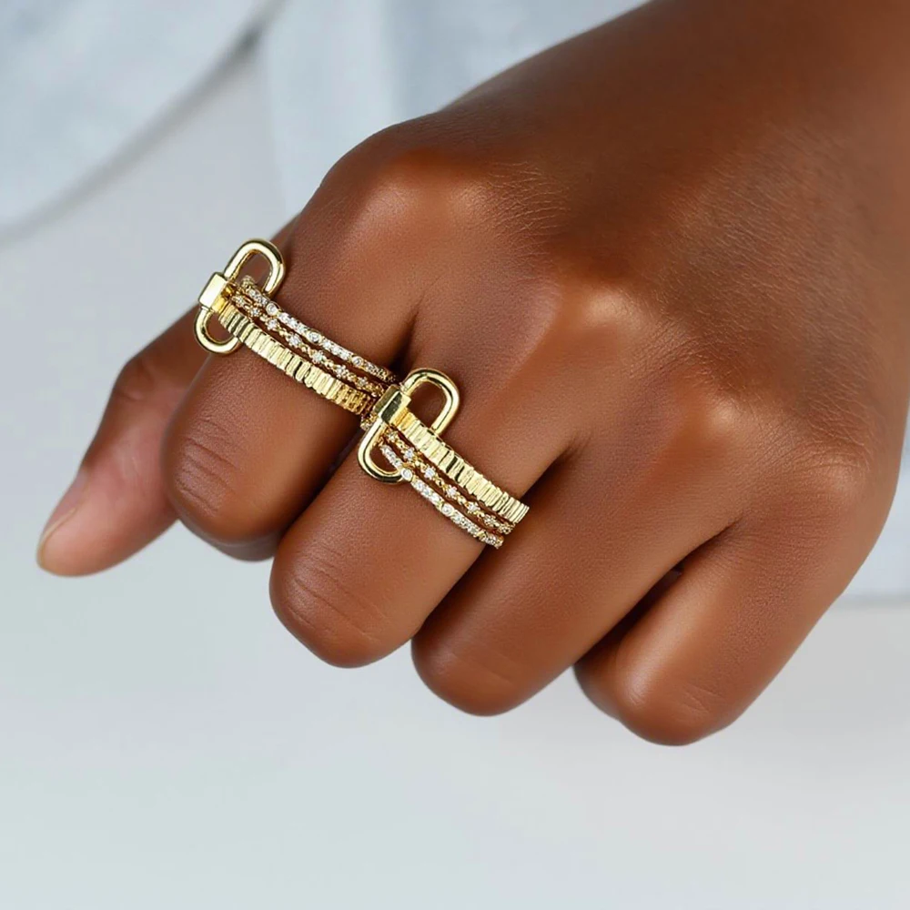 1 Piece Personalized Water Drops Tassel Link Chain Ring Fashion Style Bling Zirconia Gold Color Evening Finger Ring Jewelry