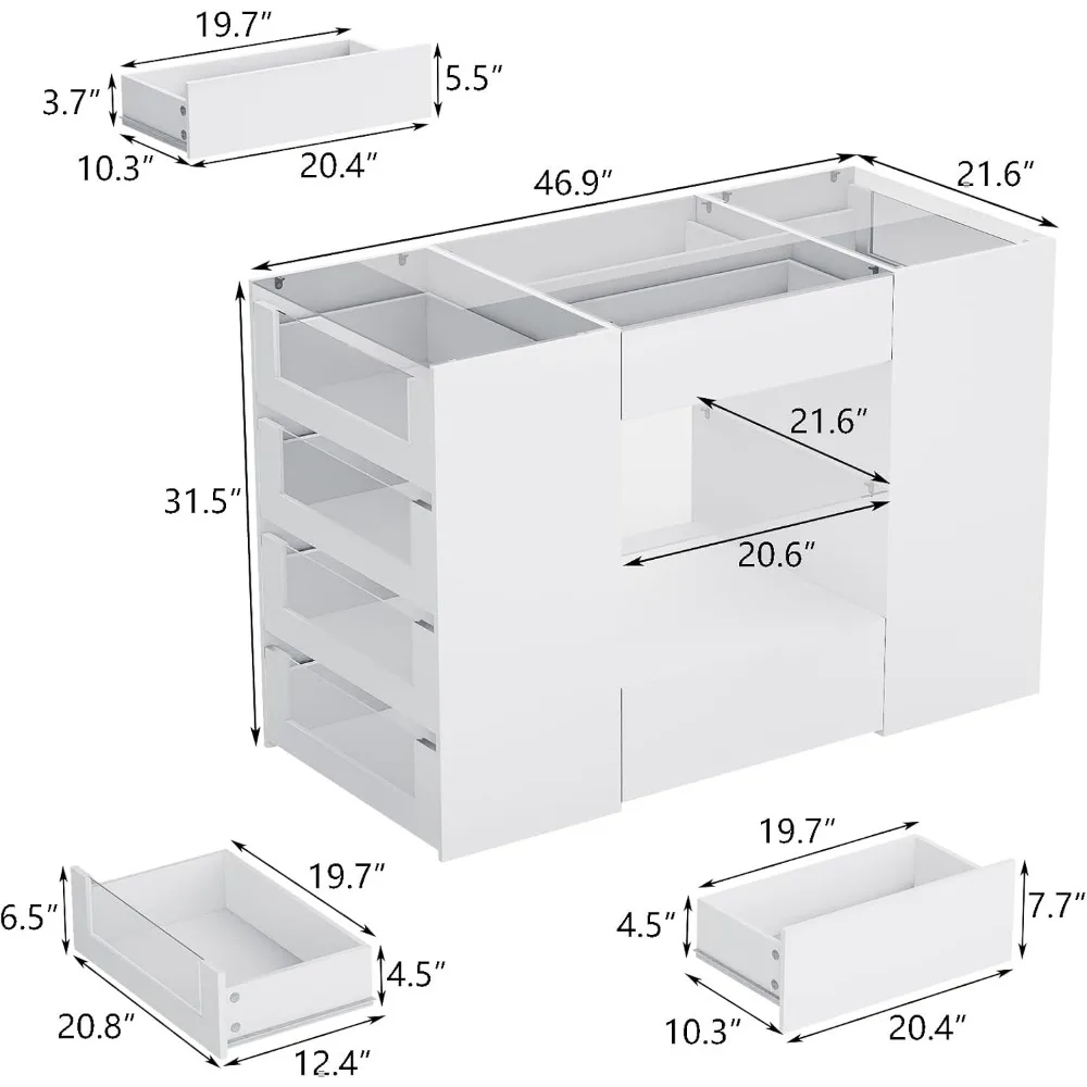 Closet Island with Drawers,Wardrobe Armoire Bedroom Island, Glass Display Shelf,White Dresser with Glass Top,Walk-in for Bedroom 4