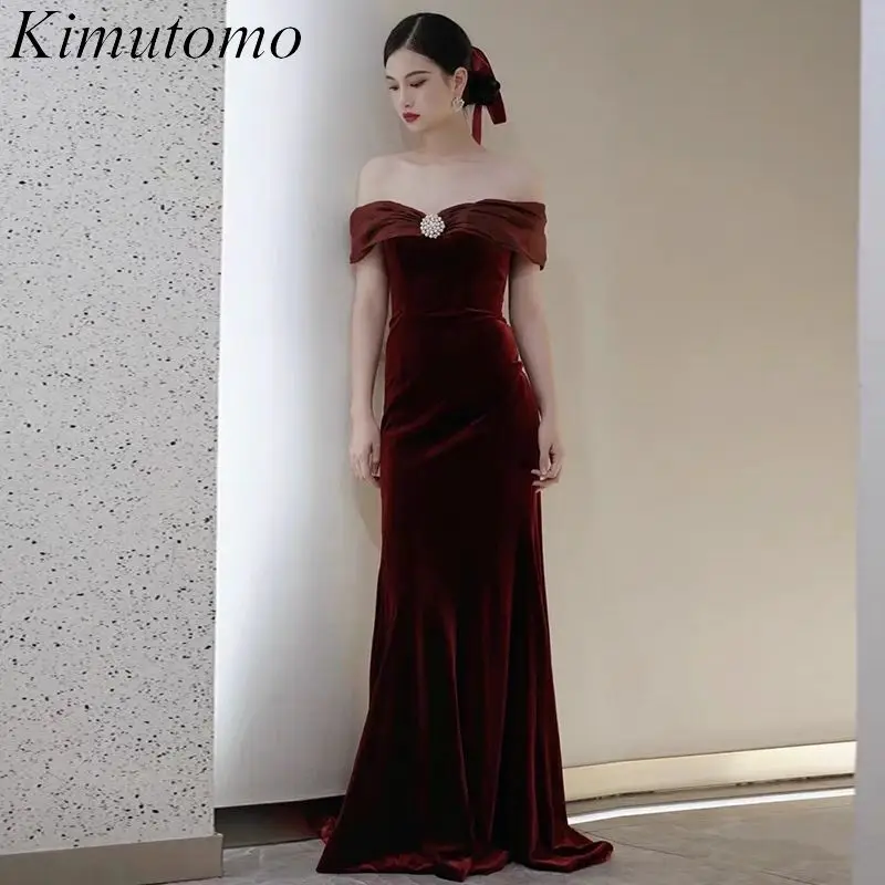 

Kimutomo Красные вельветовые вечерние платья с вырезом лодочкой пэчворк бисерные обручальные платья рыбий хвост корейские женские платья на молнии сзади