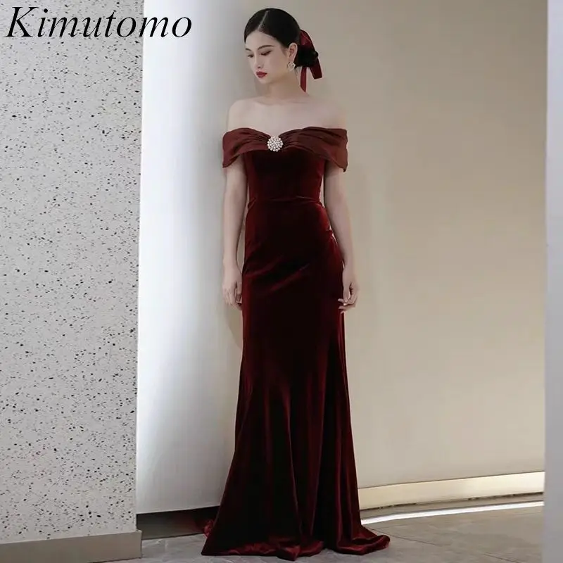 

Kimutomo Boat Neck Red Velvet Evening Gowns Patchwork Beaded Fishtail Engagement Dresses Korean Back Zipper Vestidos Women