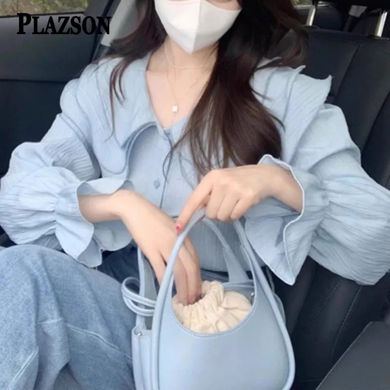 PLAZSON 여성용 셔츠, 티어레드 라펠 패션, 레이디 블라우스, 한국 블루 긴팔 상의, 2024