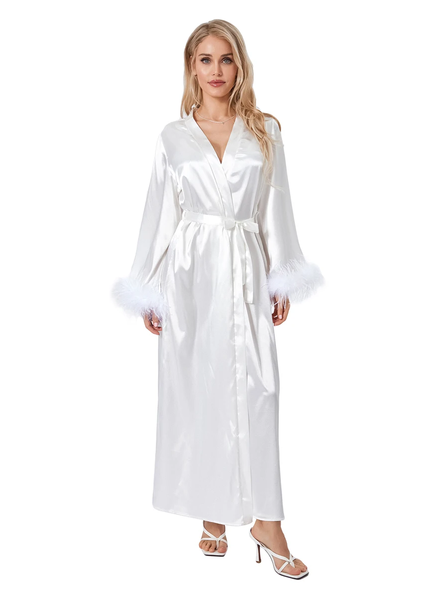 

Womens Kimono Robes Satin Dressing Gown Feather Trim Bathrobe Nightdress V-Neck Long Sleepwear for Party Loungewear