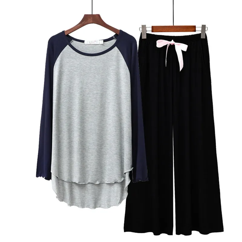 

Contrast Color Long Sleeve T-Shirt Pants Set Modal Spring Autumn Women's Pajamas Outside Wear Home Clothing Sleep Pijamas Female