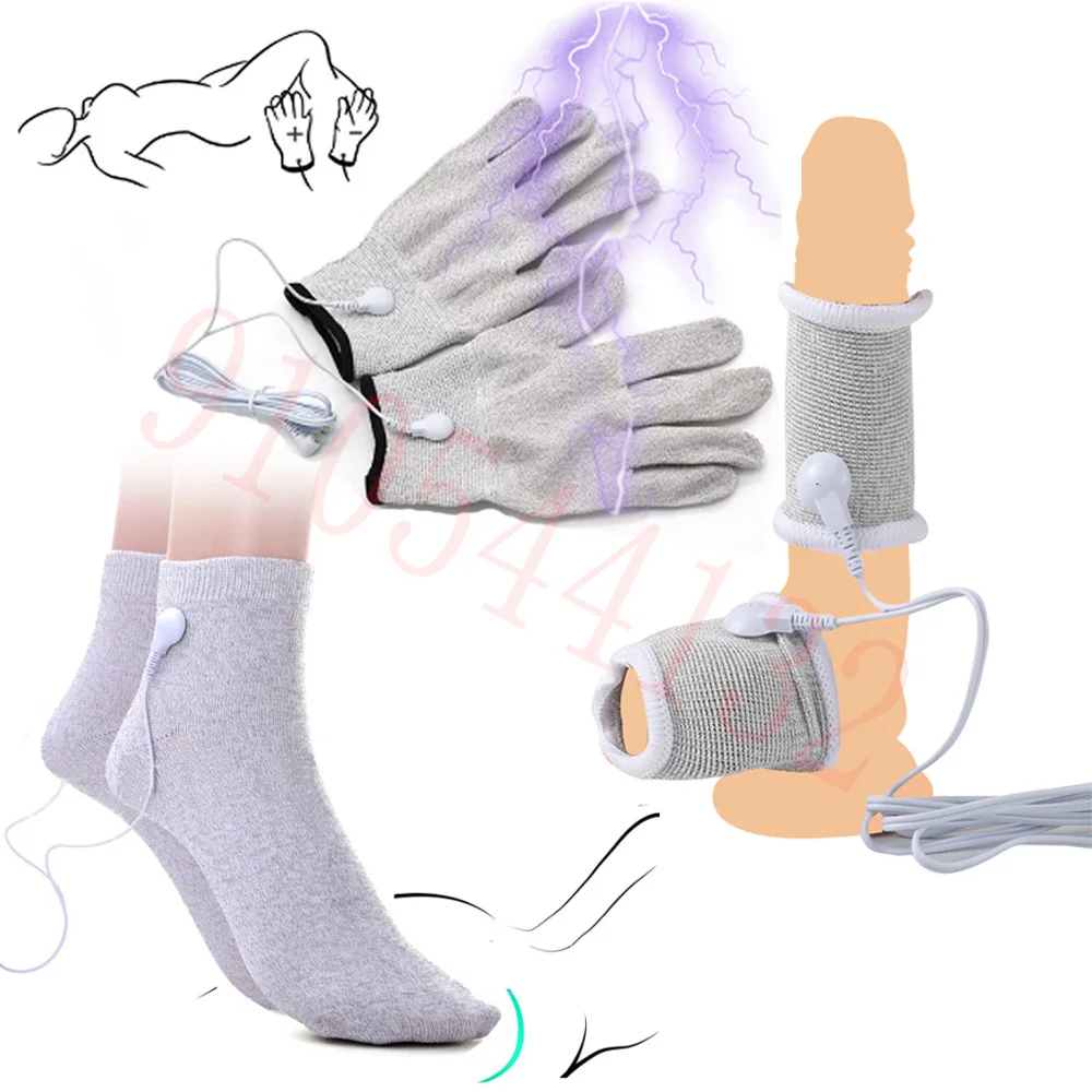 SM Electro Shock Conductive Fiber Elastic Socks/Gloves/Penis Ring E-stim Scrotum Sleeve Electric Body Therapy Couple Sex Toys