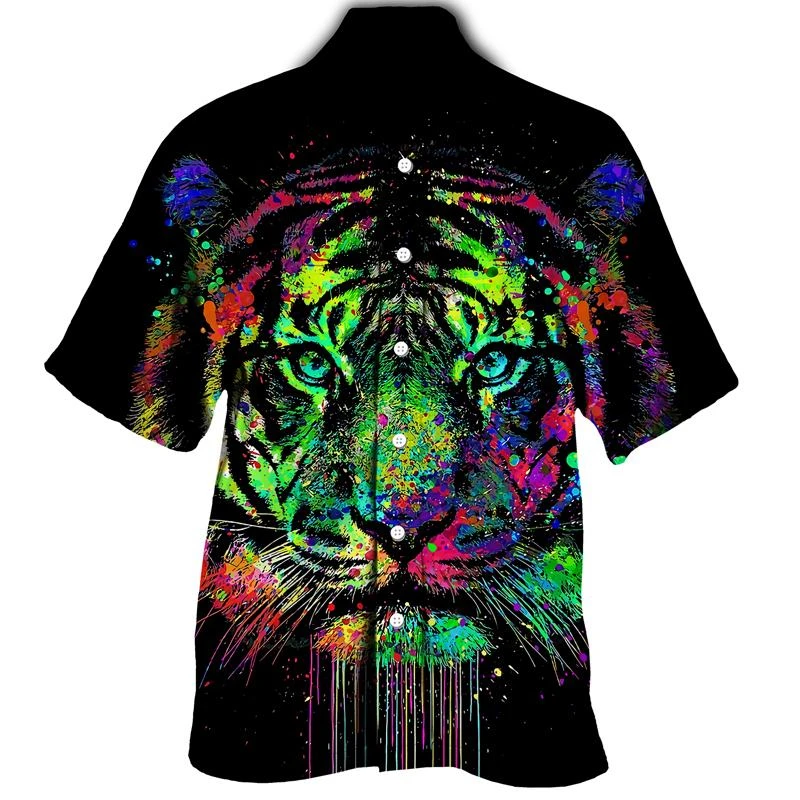 

3d Tiger Animal Printed Shirts For Men Black Casual Summer Beach Hawaiian Shirt Short Sleeve Single Breasted Male Loose Blusas