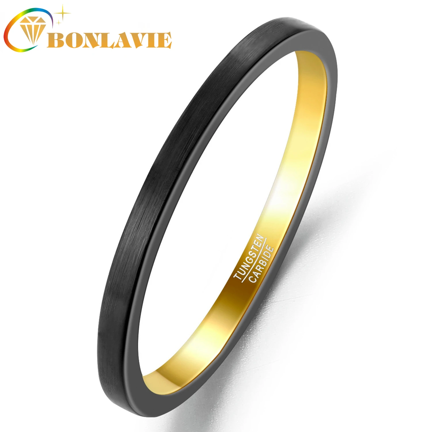 

BONLAVIE 2mm Outer Black Inner Gold Frosted Women Men Rings Tungsten Carbide Wedding Bands Male Ring