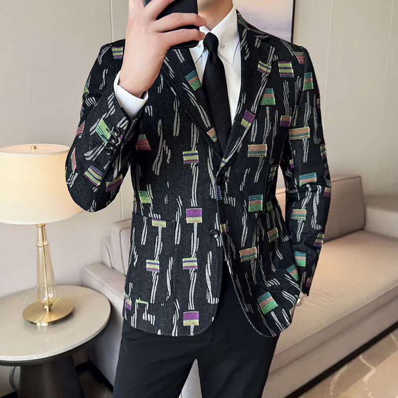 Autumn Men's Suit Jacket Blazer Fashionable High-end Luxury Jacquard Denim Casual Suit Business Social Tailcoat 4XL-M