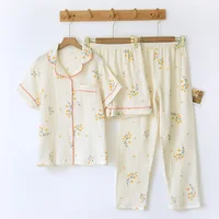 New summer women's cotton crepe three-piece short sleeve + shorts + trousers large size simple flower pajamas home service suit - Image 4