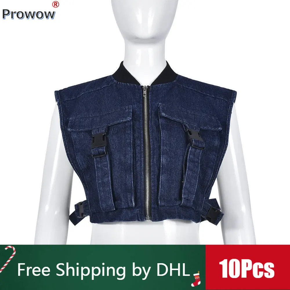 

10 Pcs Bulk Workwear Women Vest Summer Y2k Chest Pocket Zip Denim Tank Tops Solid Causal Sleeveless Buckle Jacket Wholesale 9700