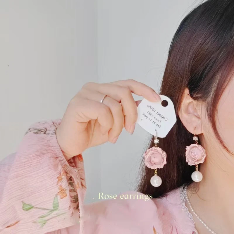 Elegant Immortal Rose Long Earrings Epoxy Resin Real Rose Flower 23