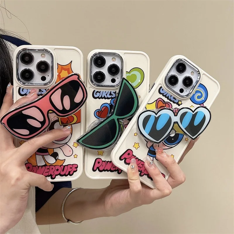 Luxury Kawaii Cartoon Powerpuffs Girls Glasses Support Phone Case Per Iphone 15 14 13 12 11 Pro Max Cute Cover In Silicone Gift