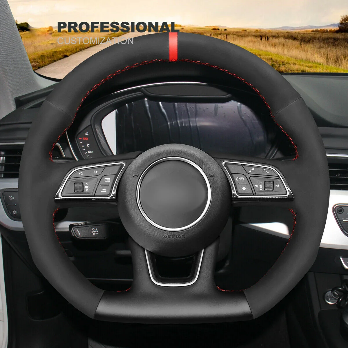 

Customized Non-slip Black Leather Suede Steering Wheel Cover Wrap For Audi A3 S3 S4 S5 RS Interior Accessories