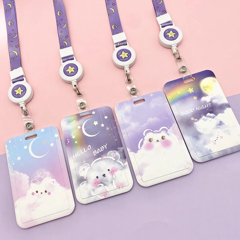 

Purple Starry Card Holder ID Card Credit Card Bus Card ABS Plastic School Access Control Badge Telescopic Lanyard Card Cover