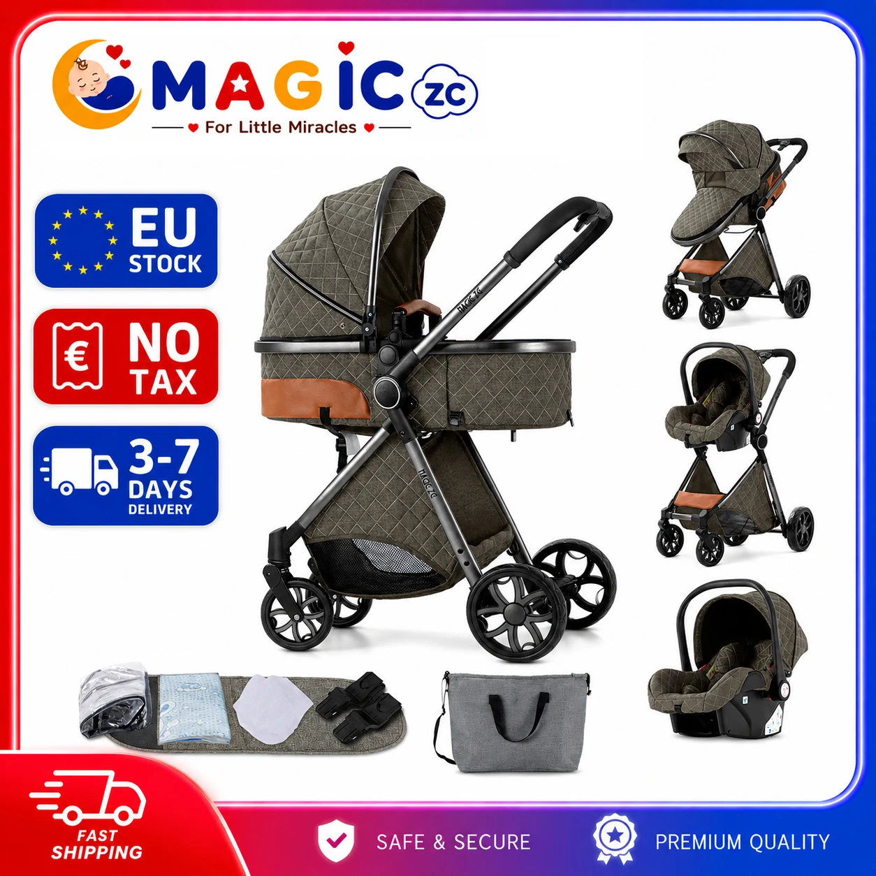 Baby Stroller Travel System 3 in 1 Luxury High Landscape Baby Carriage Infant Pram Pushchair for Newborns Reversible Seat Bassinet Carrycot Car Seat Portable Foldable Lightweight Baby Cart Four Wheel Suspension All Season Canopy Rain Cover
