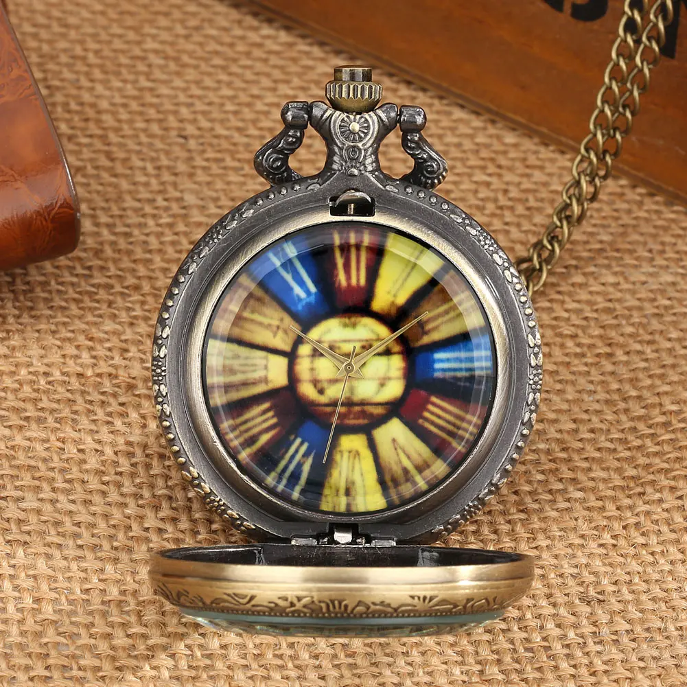 

Bronze Quartz Pendant Pocket Watch with Tag Transparent Cover Necklace Clock Gifts Colorful Splicing Pattern Roman Numeral Dial