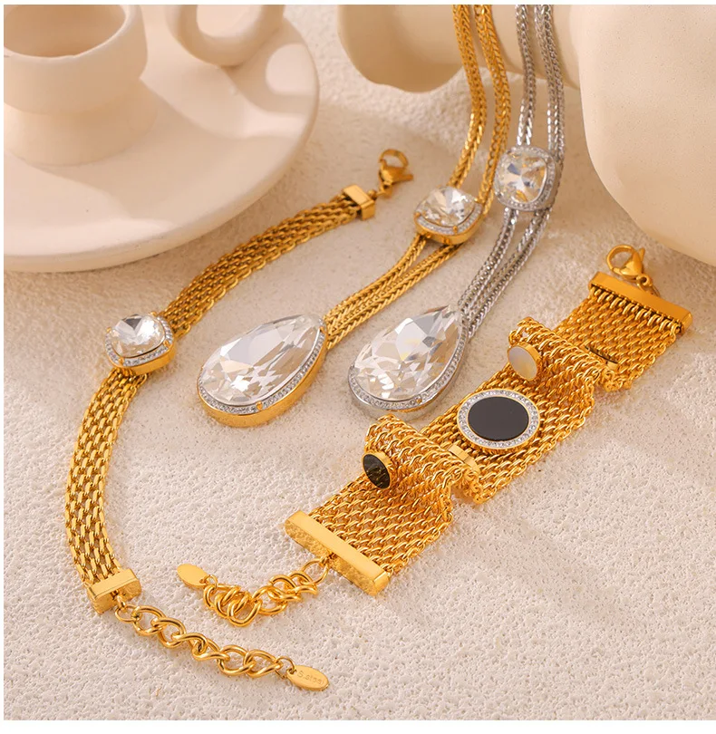 Neue Edelstahl vergoldete dicke Kette Halskette Armband Set Damen Luxus Zirkon Wasser tropfen Anhänger Schmuck Accessoires – Detail 7