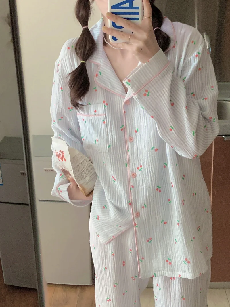 

Autumn New Striped Cherry Long-sleeved Pajamas Lapel Top + Trousers Suit Comfortable Cotton Breathable Homewear Women D522