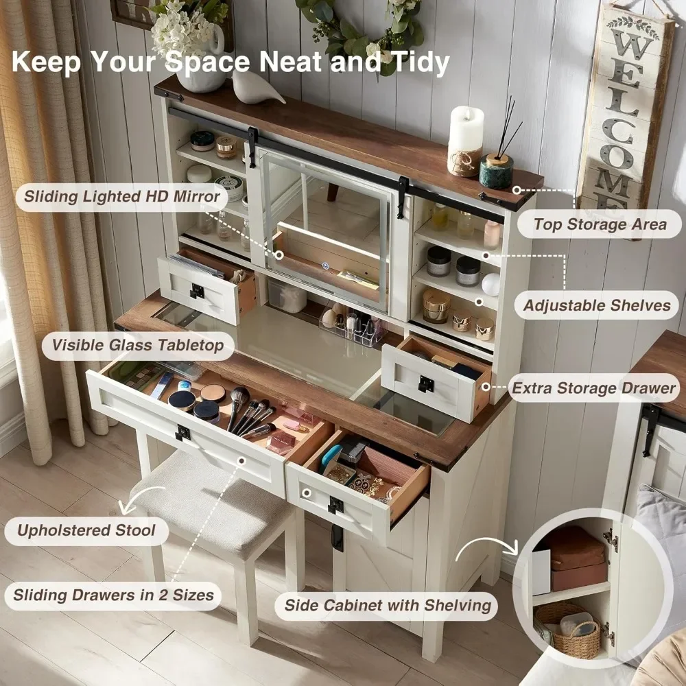 Sliding Mirror and Lights Glass Tabletop Vanity Table with Drawers Shelves Rustic Big Vanity Set for Bedroom Stool Included