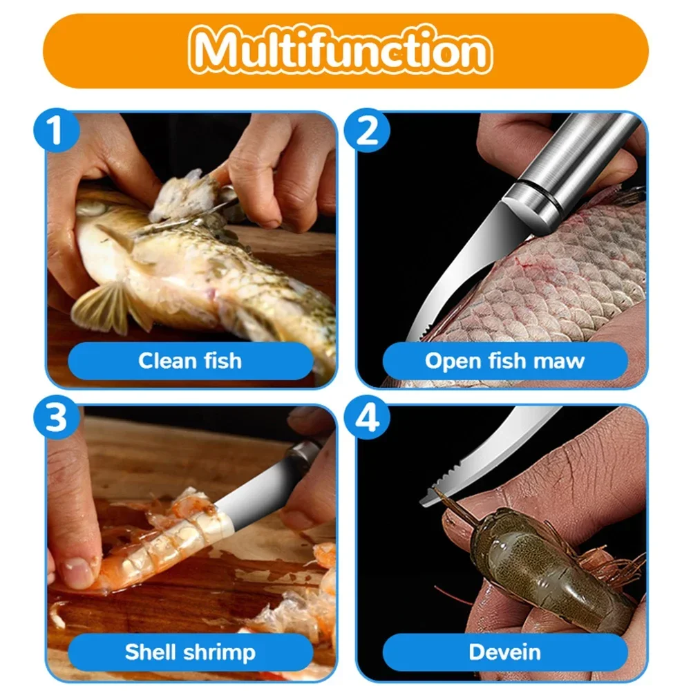 Shrimp Peeler Multifunctional Fast Shrimp Peeler Stainless Steel 6 In 1 Fish Knife Shrimp Line Cutting /Scraping /Digging Knife Kitchen Tools