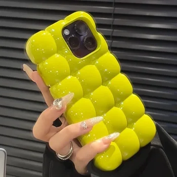Cute Cartoon 3D Block Lattice Case for iPhone 15 14 13 16 Pro Max 12 11 Glossy Candy Solid Color Soft Silicone Shockproof Cover 1