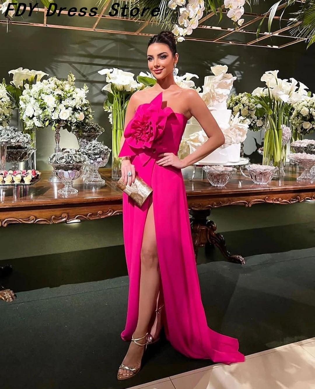 

Elegant Mermaid Sleeveless Evening Dresses Strapless Pleated Flower Prom Dresses Split Floor Length Formal Party Dresses