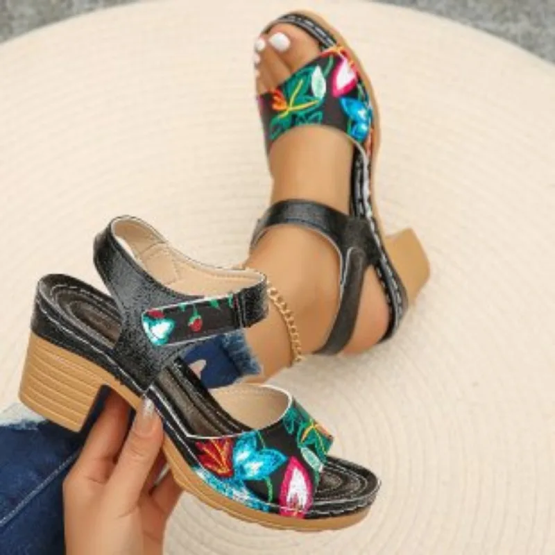 Women's Peep Toe Hihg Heel Sandals Summer Gladiator Shoes Chunky Heel Platform Women's Sandals Flower Ladies Heeled Shoes